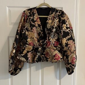 AKIRA Black Brocade Puff-Sleeve Jacket with Gold & Pink Floral